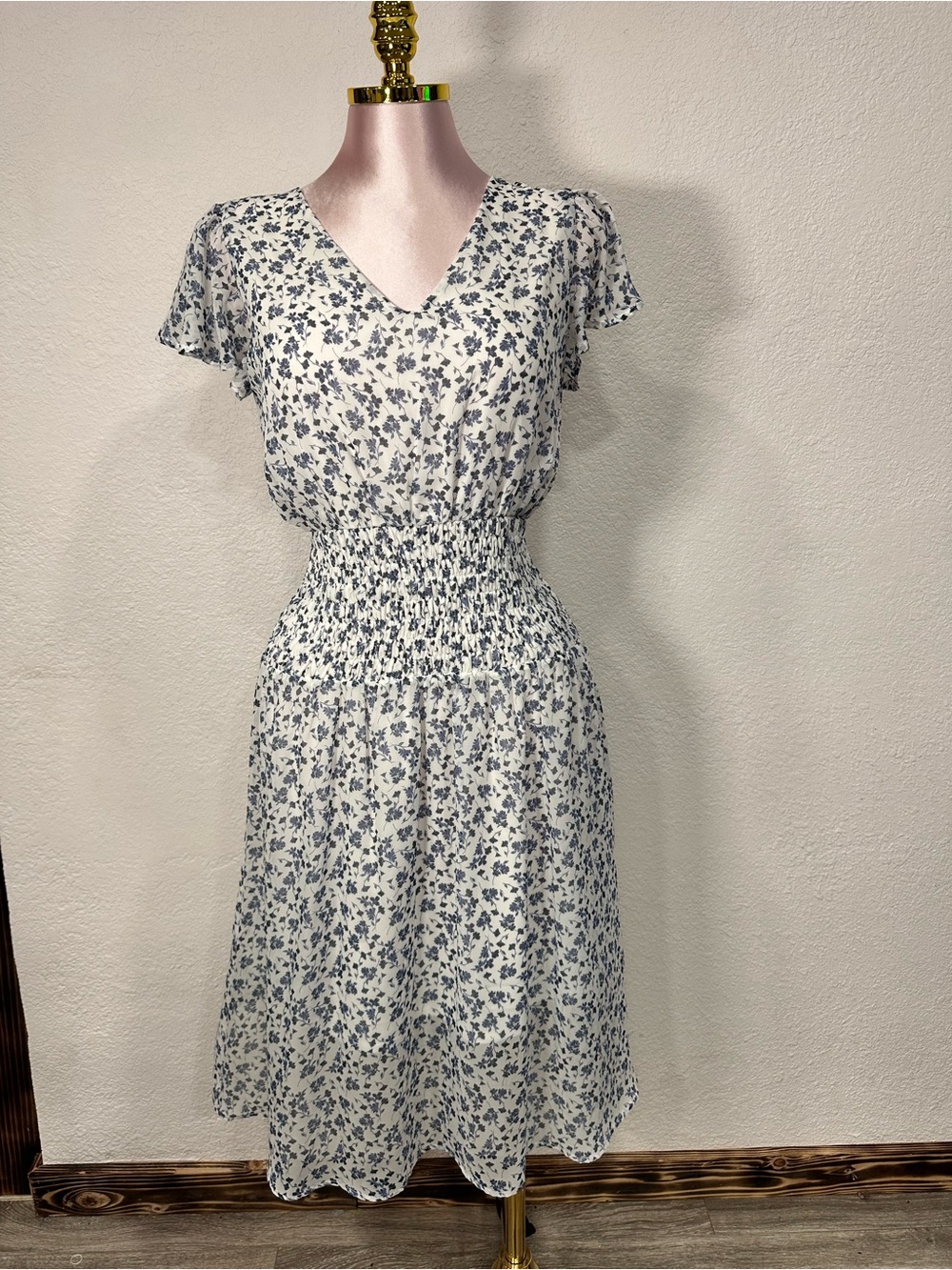 Sienna Sky White Midi Dress with Blue Floral Print